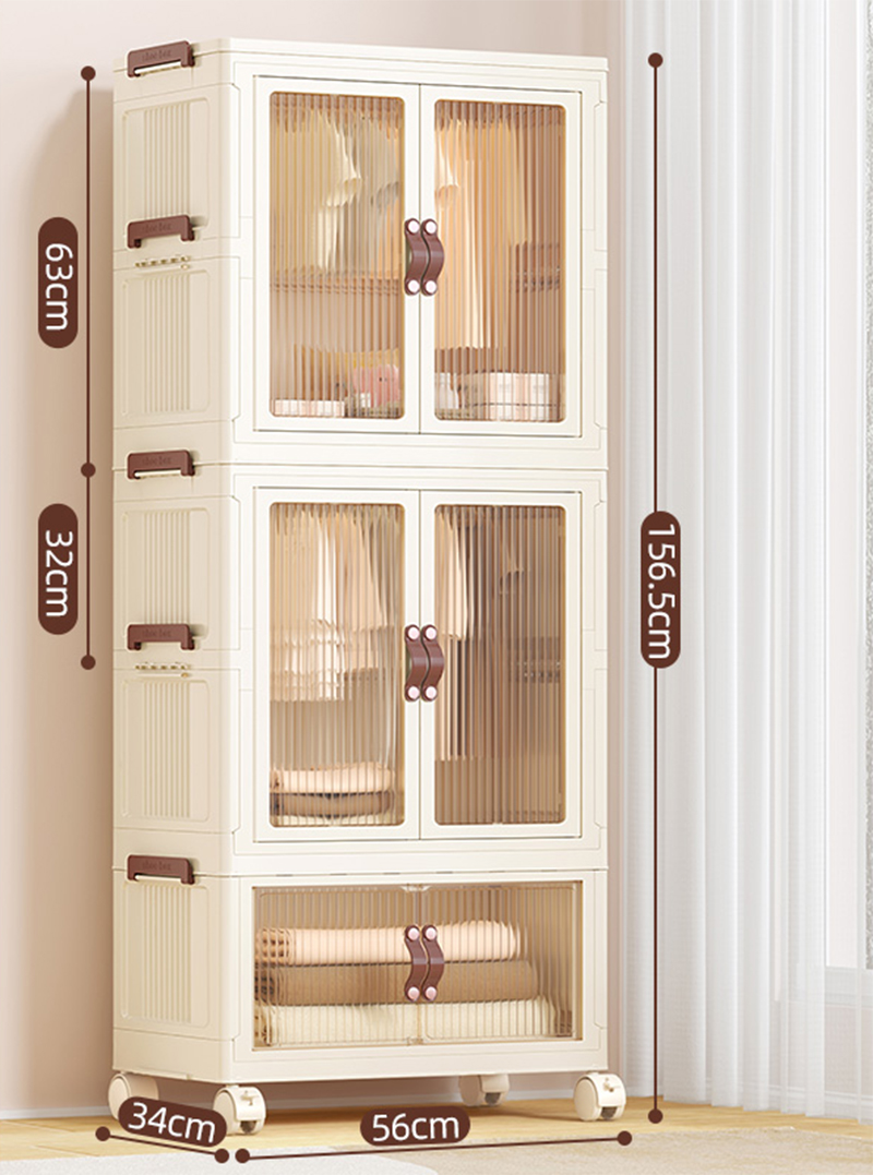[56-wide-brown door] 2-layer wardrobe 1-layer folding cabinet (with 10 hangers)
