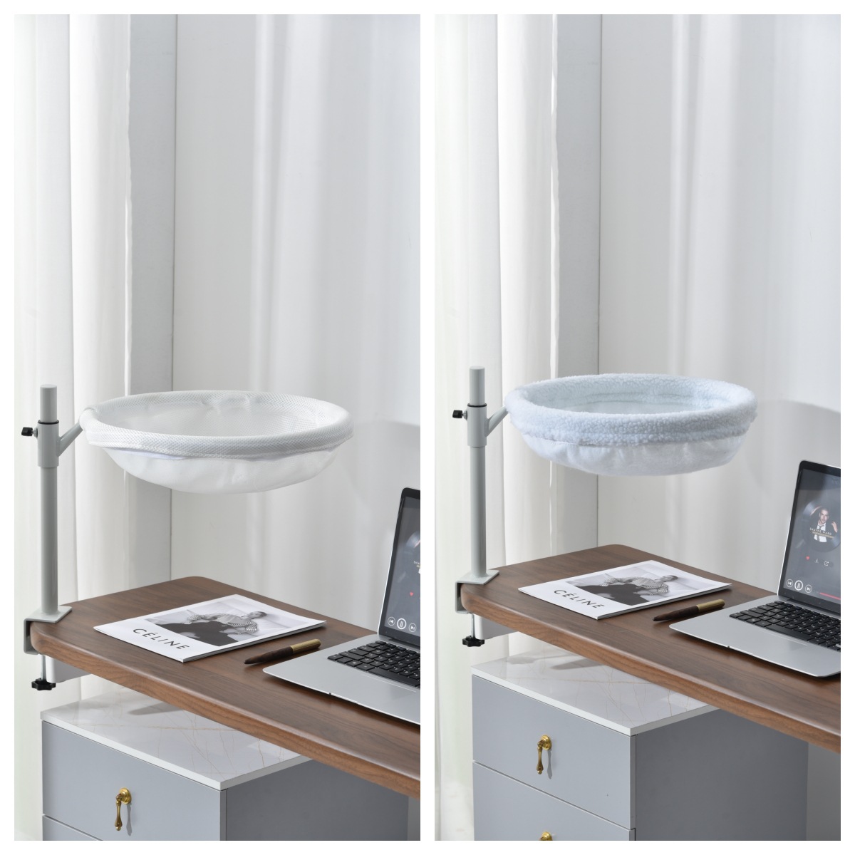 White stand with white winter plush nest and summer breathable nest