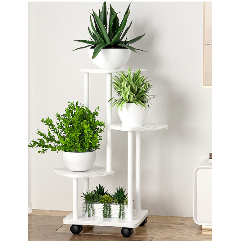 White frame white wood grain [4 layers and 5 pots] with wheels