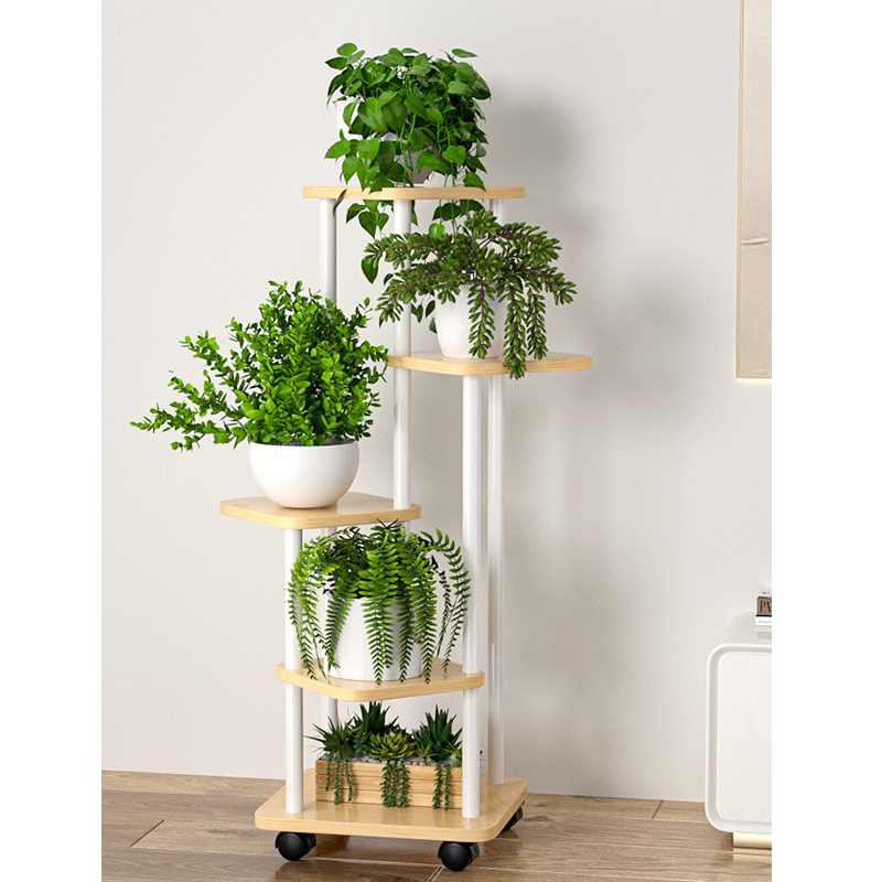 White frame shallow walnut [5 layers and 6 pots] with wheels