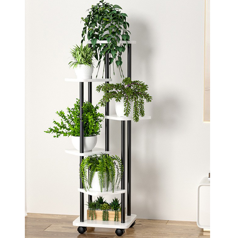 Black frame and white wood grain [6 layers and 7 pots] with wheels