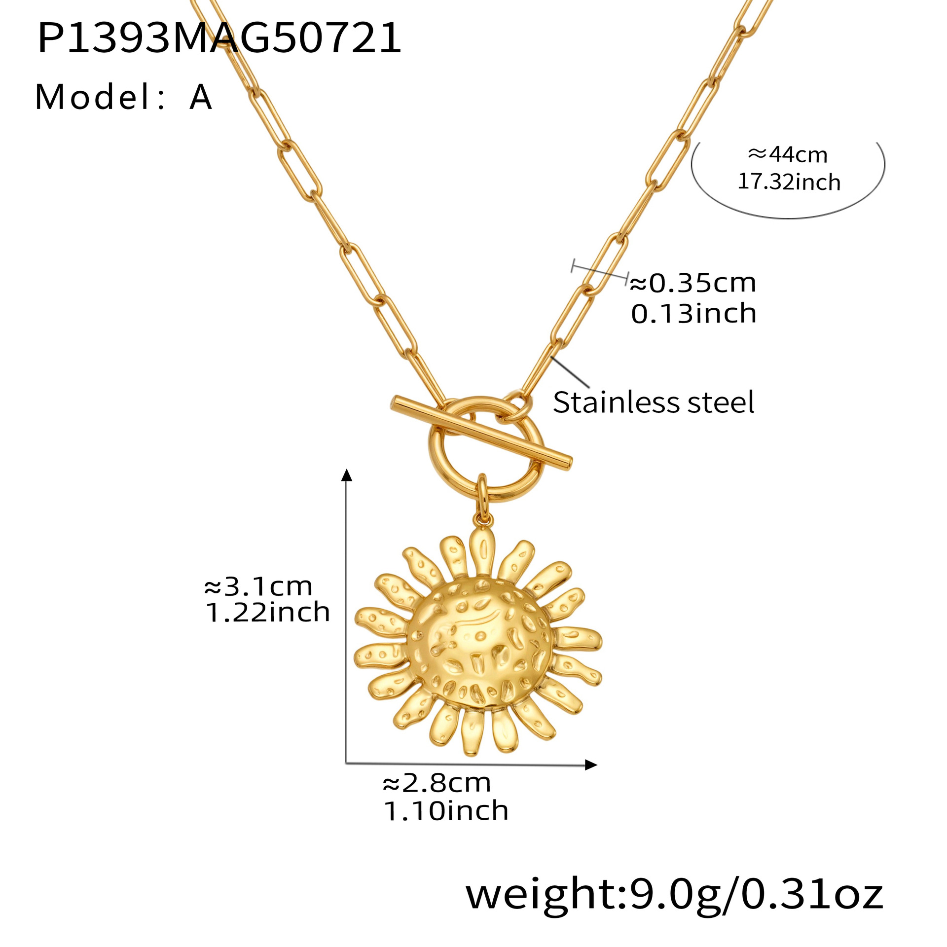 1:P1393-a gold ot buckle sun necklace 44cm