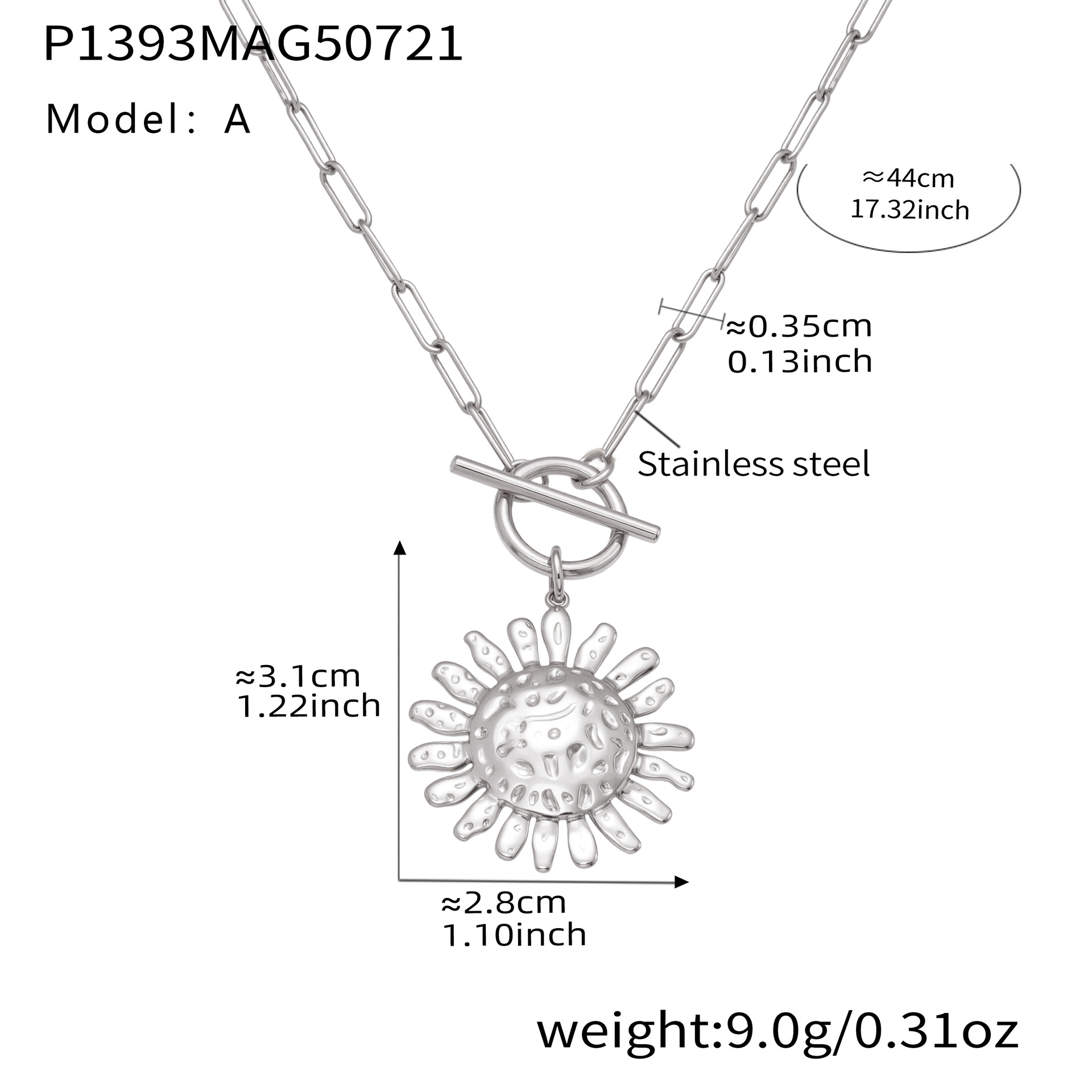 2:P1393-a steel color ot buckle sun necklace 44cm