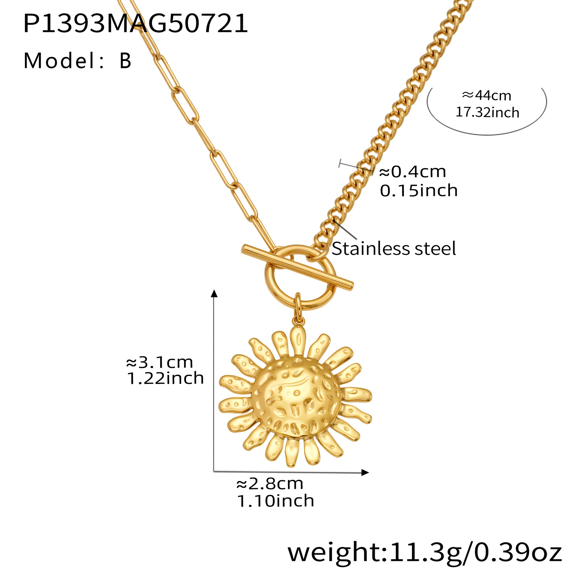 3:P1393-b gold ot buckle sun necklace 44cm