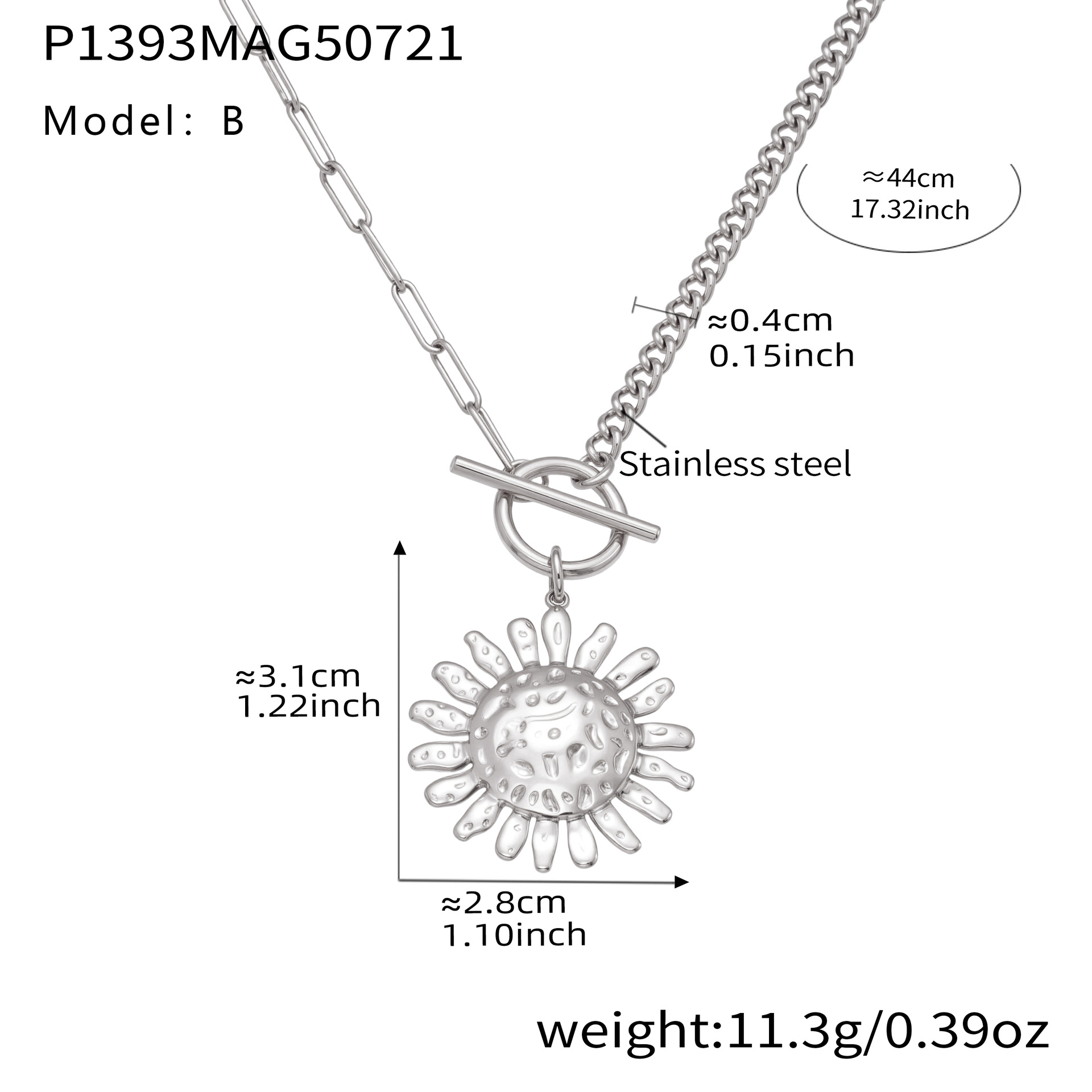 4:P1393-b steel color ot buckle sun necklace 44cm
