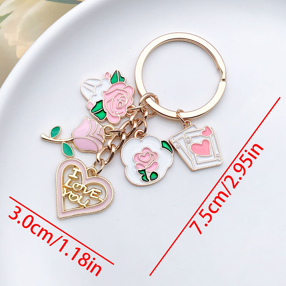 1:ER878-Dropping Oil Powder White Valentine s Day Love Rose Card Keychain -12.4g