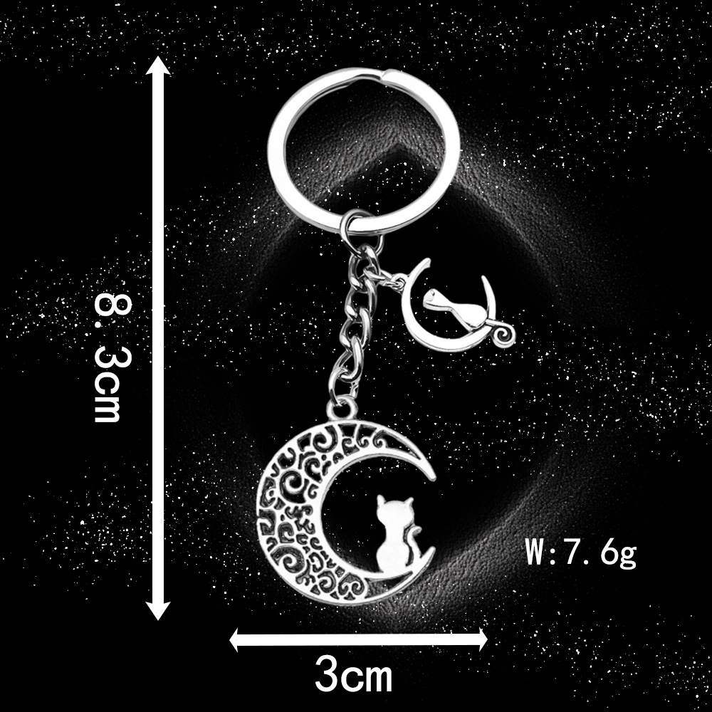 9:Ancient Silver Moon Cat Keychain-LS63-7.6g
