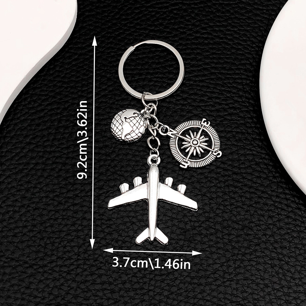 1:ER673-1 Ancient Silver Global Plane Compass Earth Keychain -12g