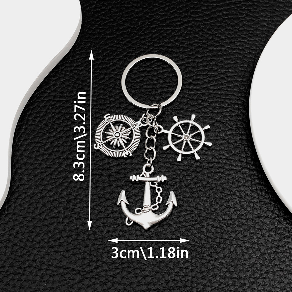 4:ER676-1 ancient silver navigation compass anchor rudder keychain -12.7g