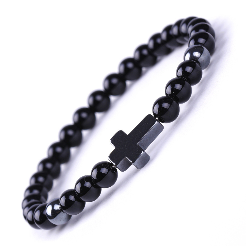 3:SY603A1503 6mm bright black stone + black magnet long cross bracelet