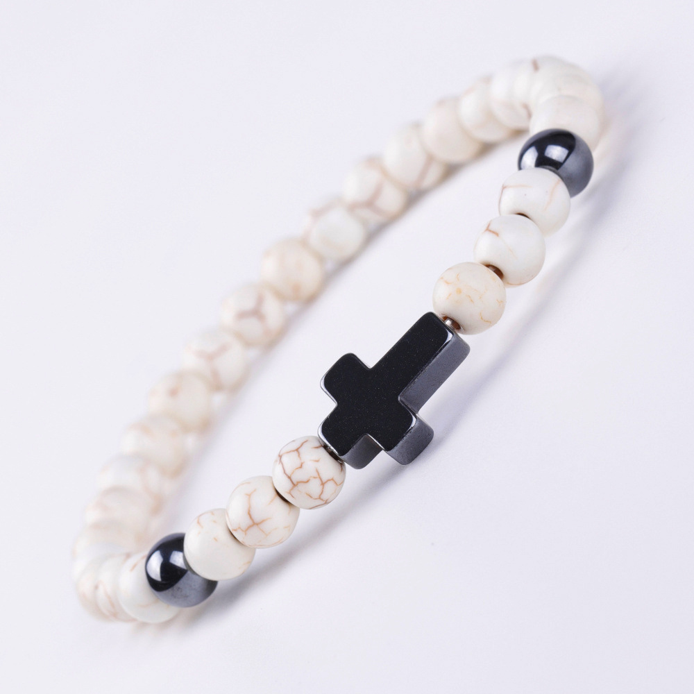 4:SY603A1904 6mm glue filling White Pine + black magnet long cross bracelet