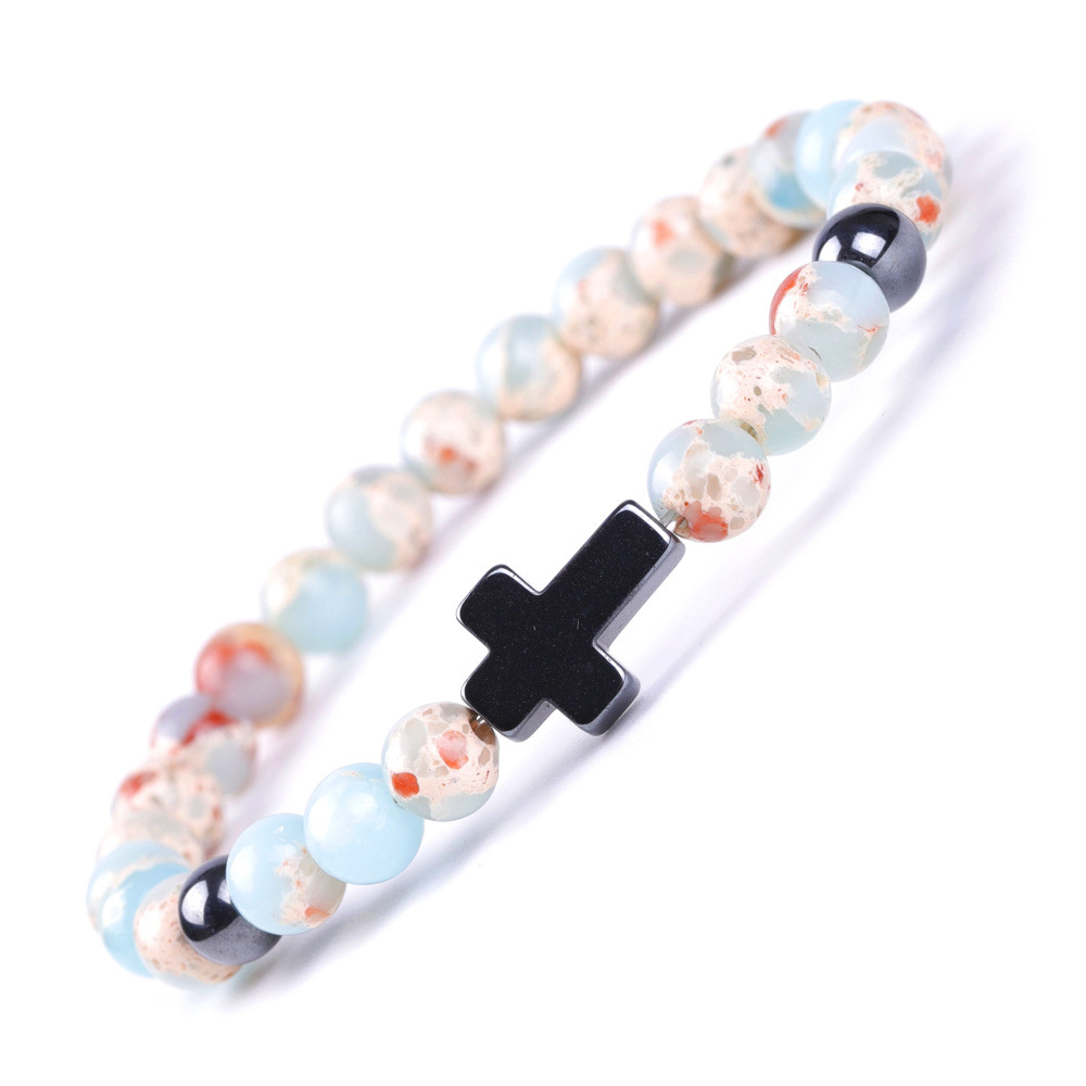 6:SY603A3806 6mm Shoushan stone + black magnet long cross bracelet