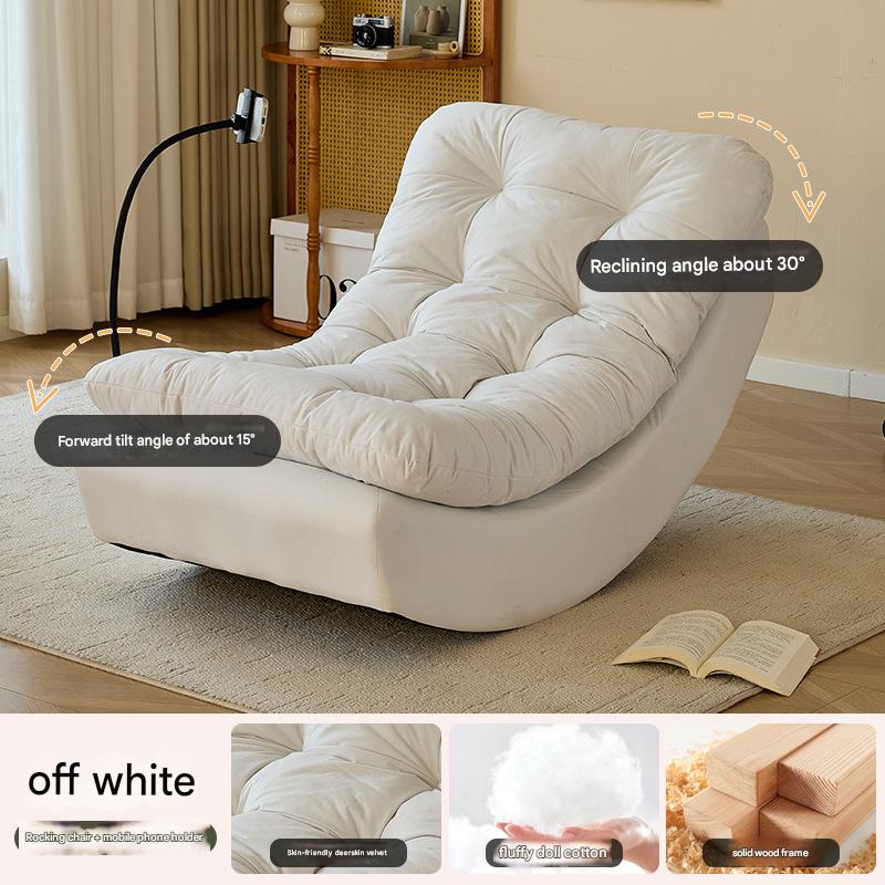 off-white chair with mobile phone holder