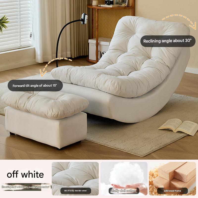 off-white chair with mobile phone holder and footrest