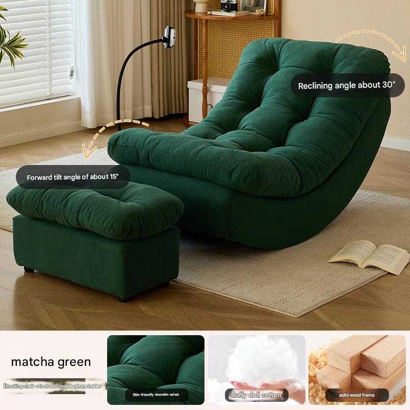 dark green chair with mobile phone holder and footrest