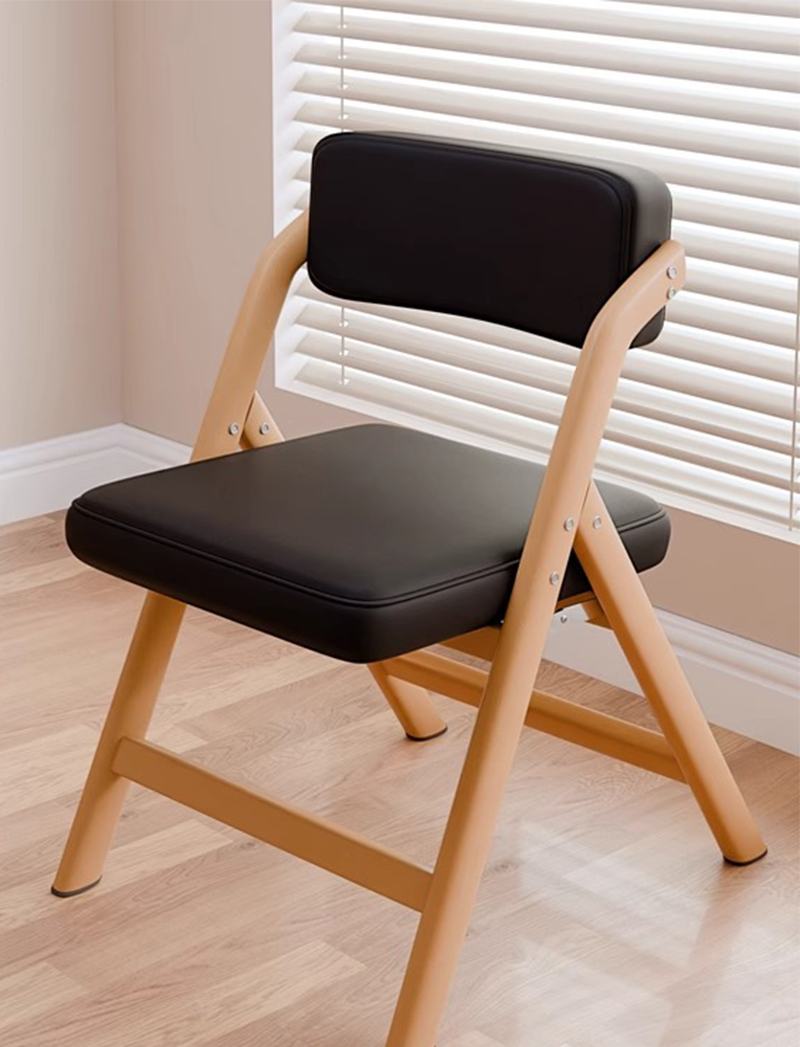 pu leather-textured black seat cushion-original wood color frame