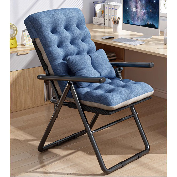 chair with blue cotton pad and pillow