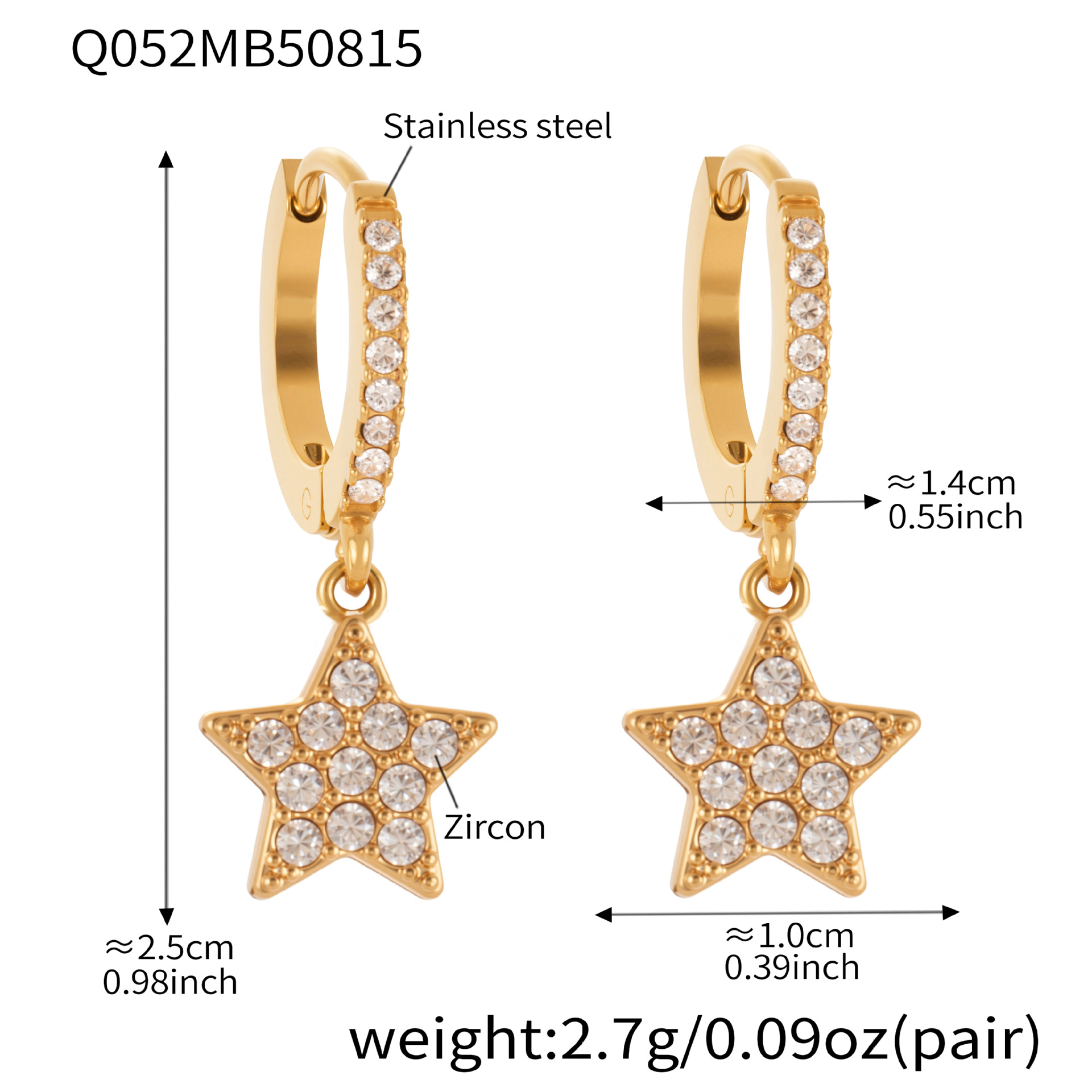 1:Q052- Golden five-pointed star Zircon Full Diamond earrings