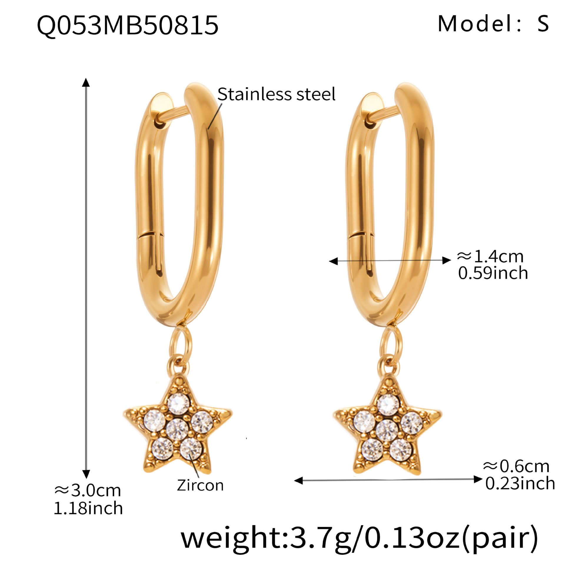 2:Q053- Golden Five-pointed Star Zircon U-shaped Earrings -S