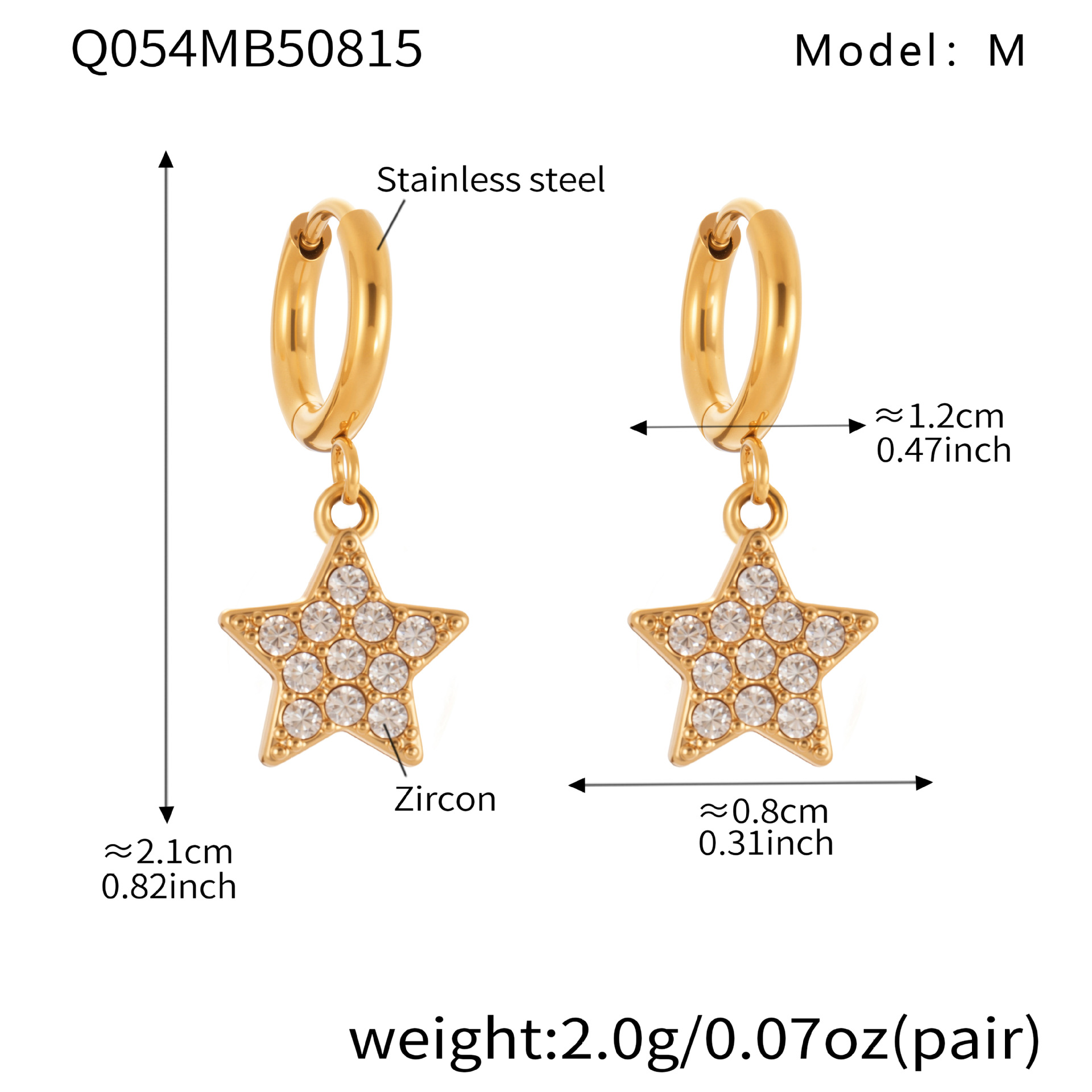 5:Q054- Golden Five-pointed Star Zircon Earrings -M