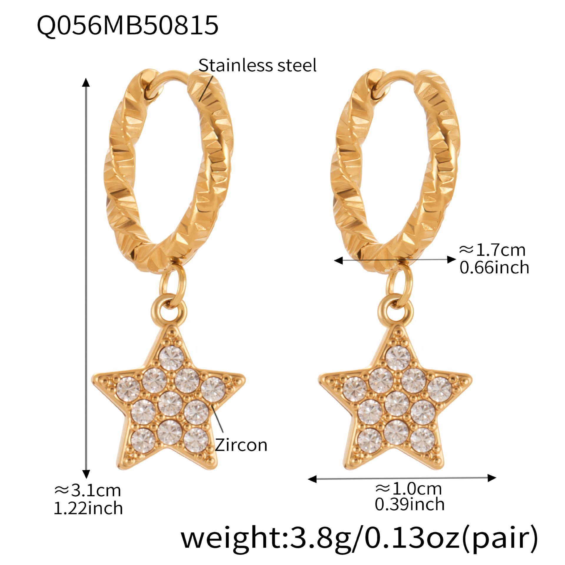 8:Q056- Golden Five-pointed Star Zircon earrings