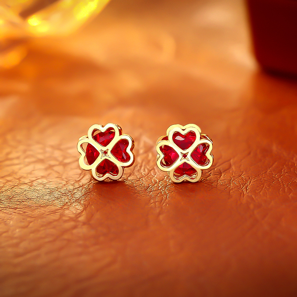 Golden red zircon four-leaf clover stud earrings