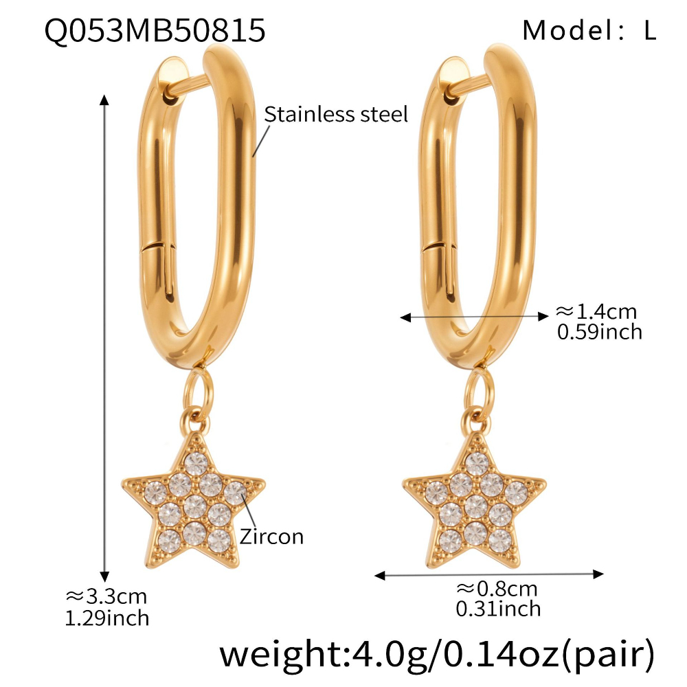 Q053- Golden Five-pointed Star Zircon U-shaped Ear