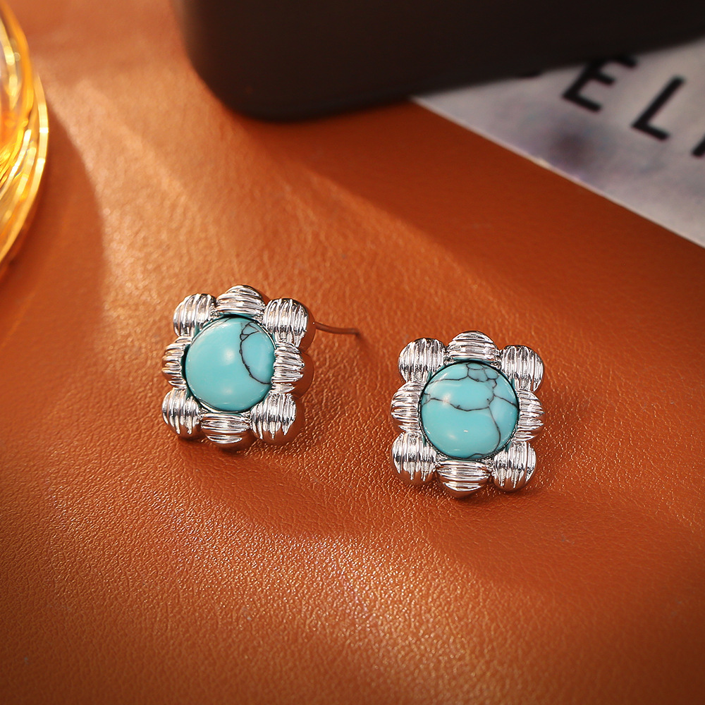 Silver blue turquoise ear studs