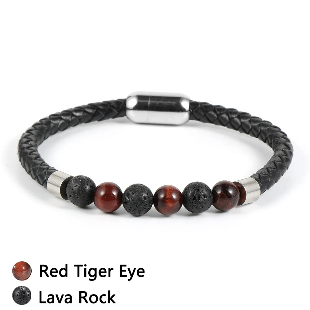 5:Volcanic stone red tiger eye stone leather bracelet