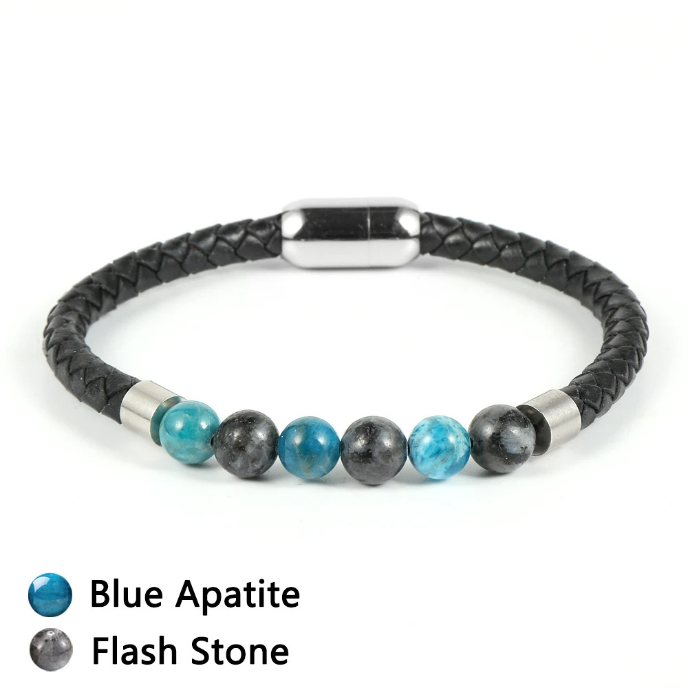 11:Blue apatite glitter stone leather bracelet