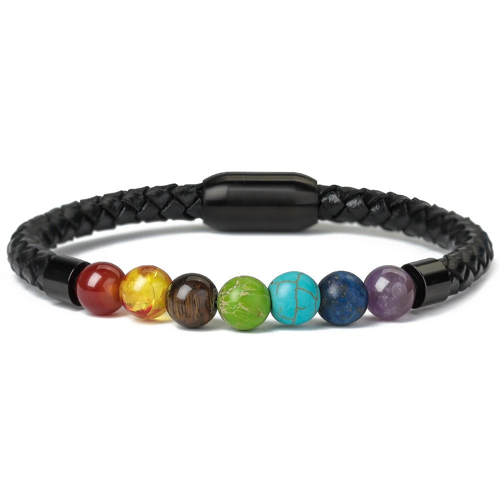 13:Colorful stone round buckle leather bracelet