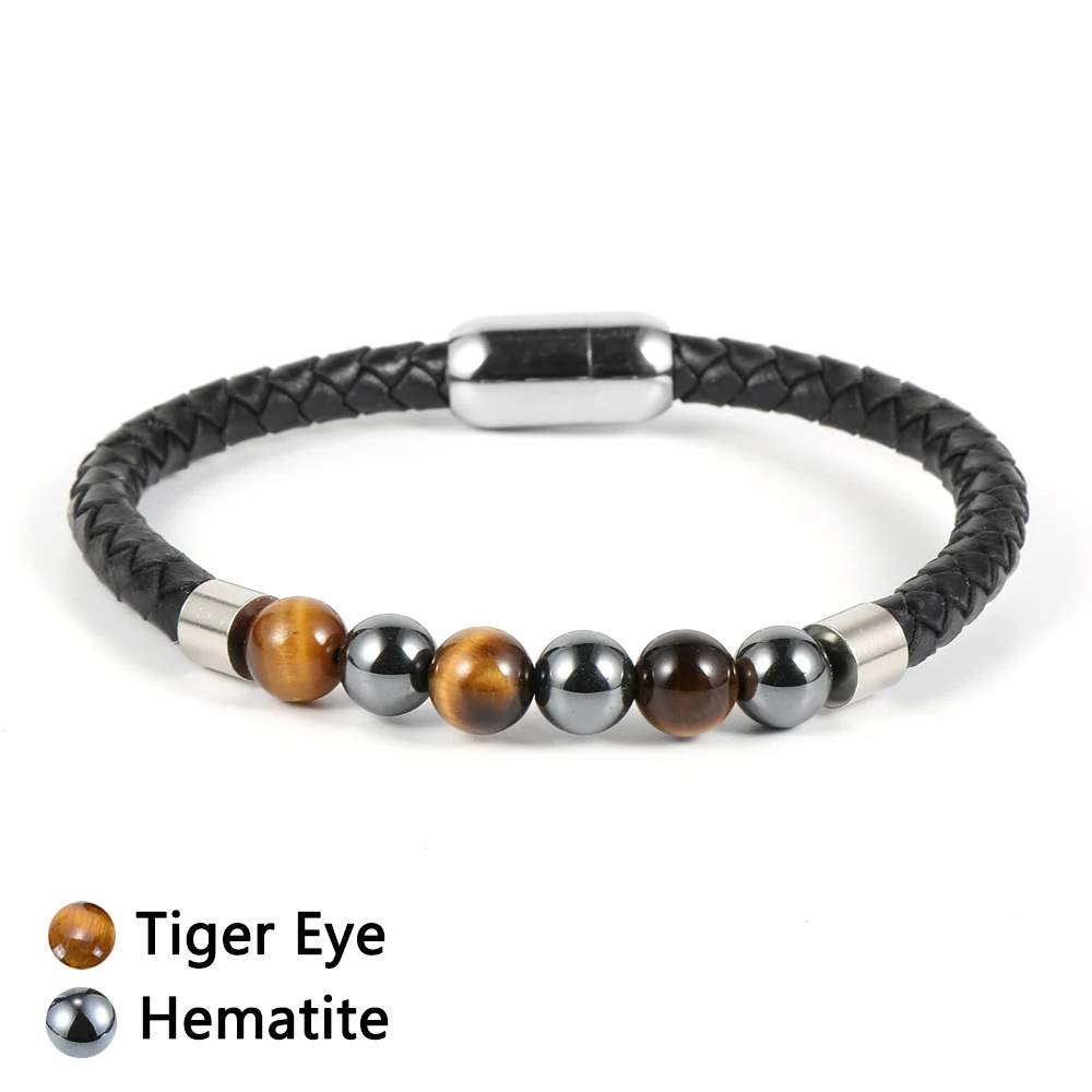 10 Yellow tiger eye magnet leather bracelet