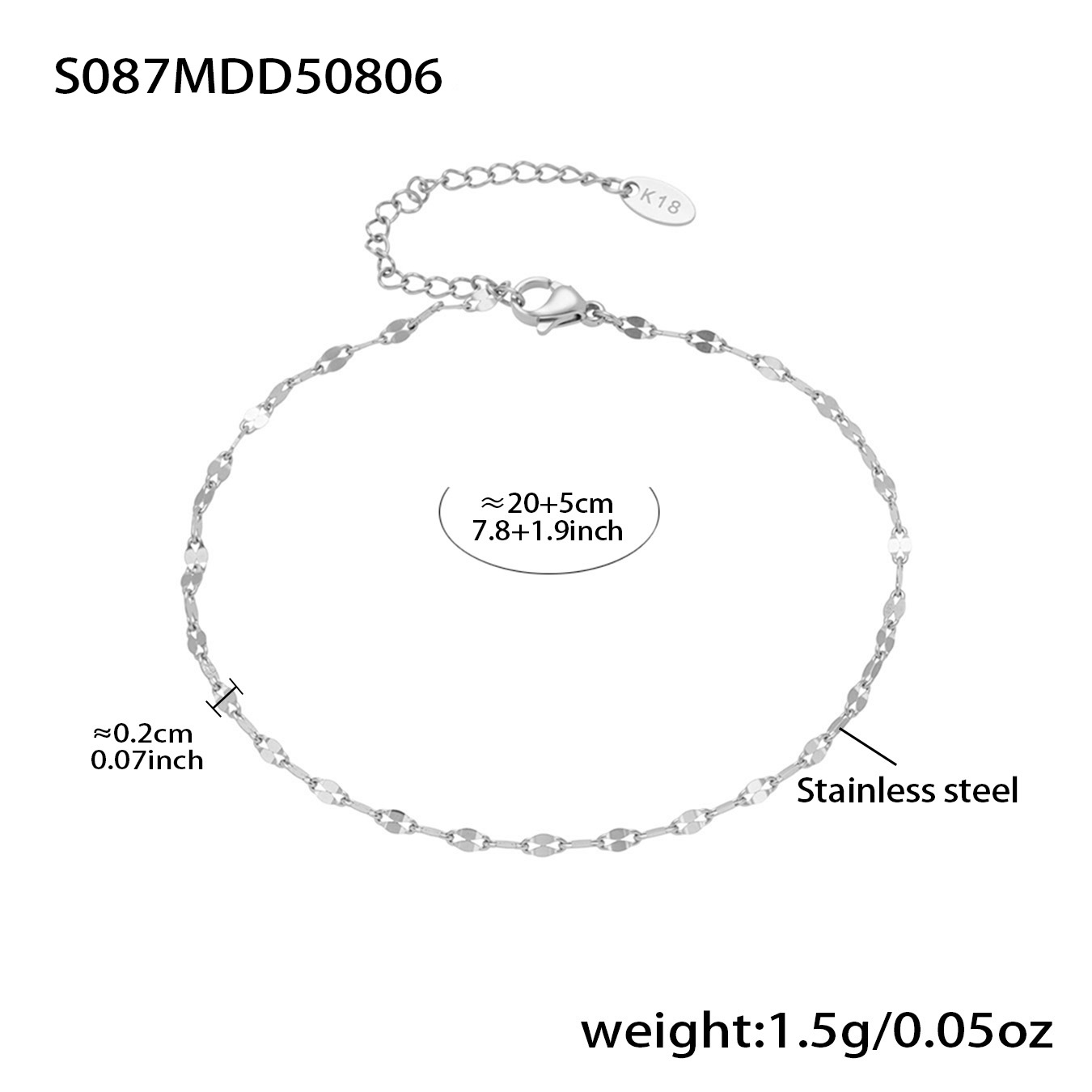 S087- Steel-colored fish-mouth ankle chain, 20+5cm