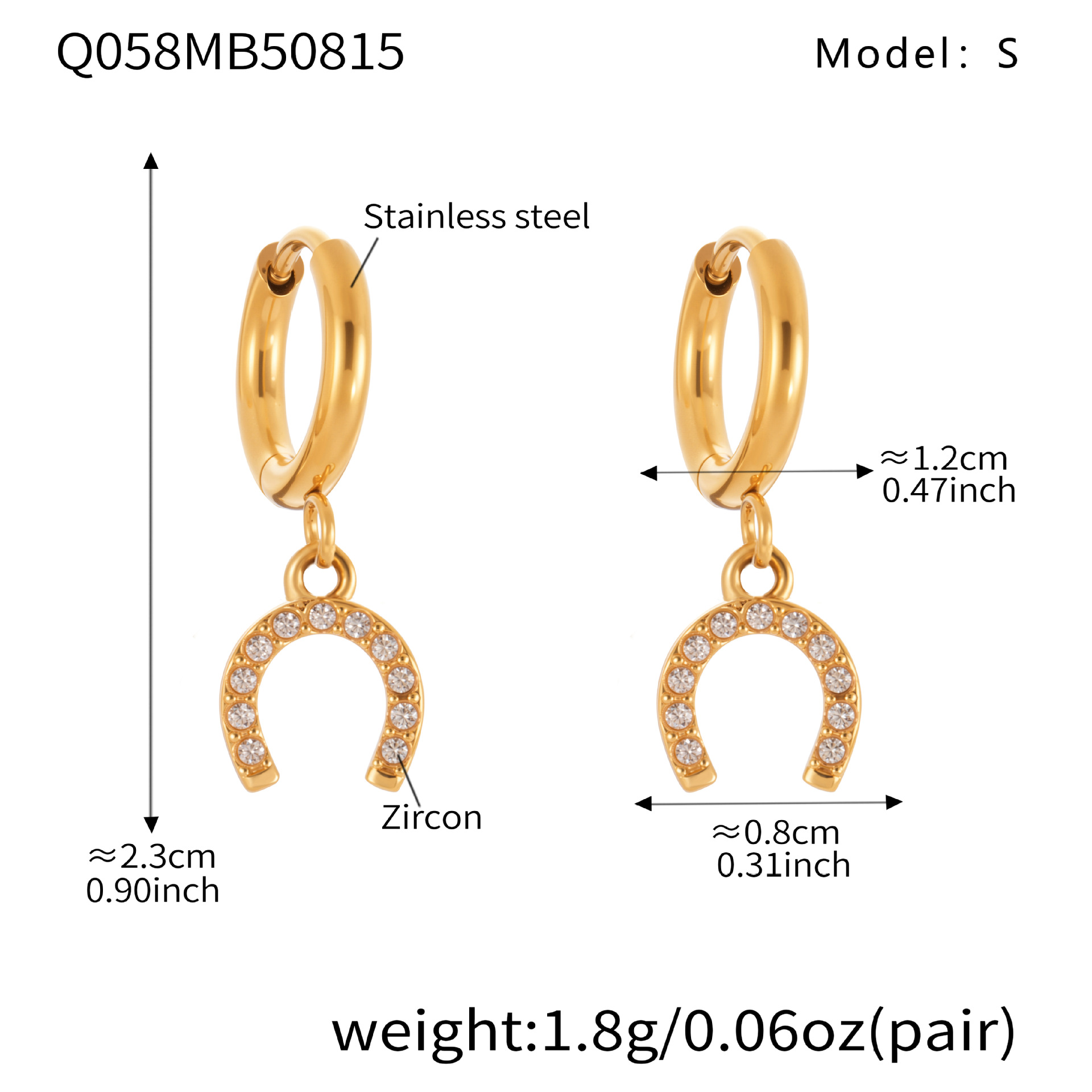 2:Q058- Golden Horseshoe Buckle Zircon Earrings -S