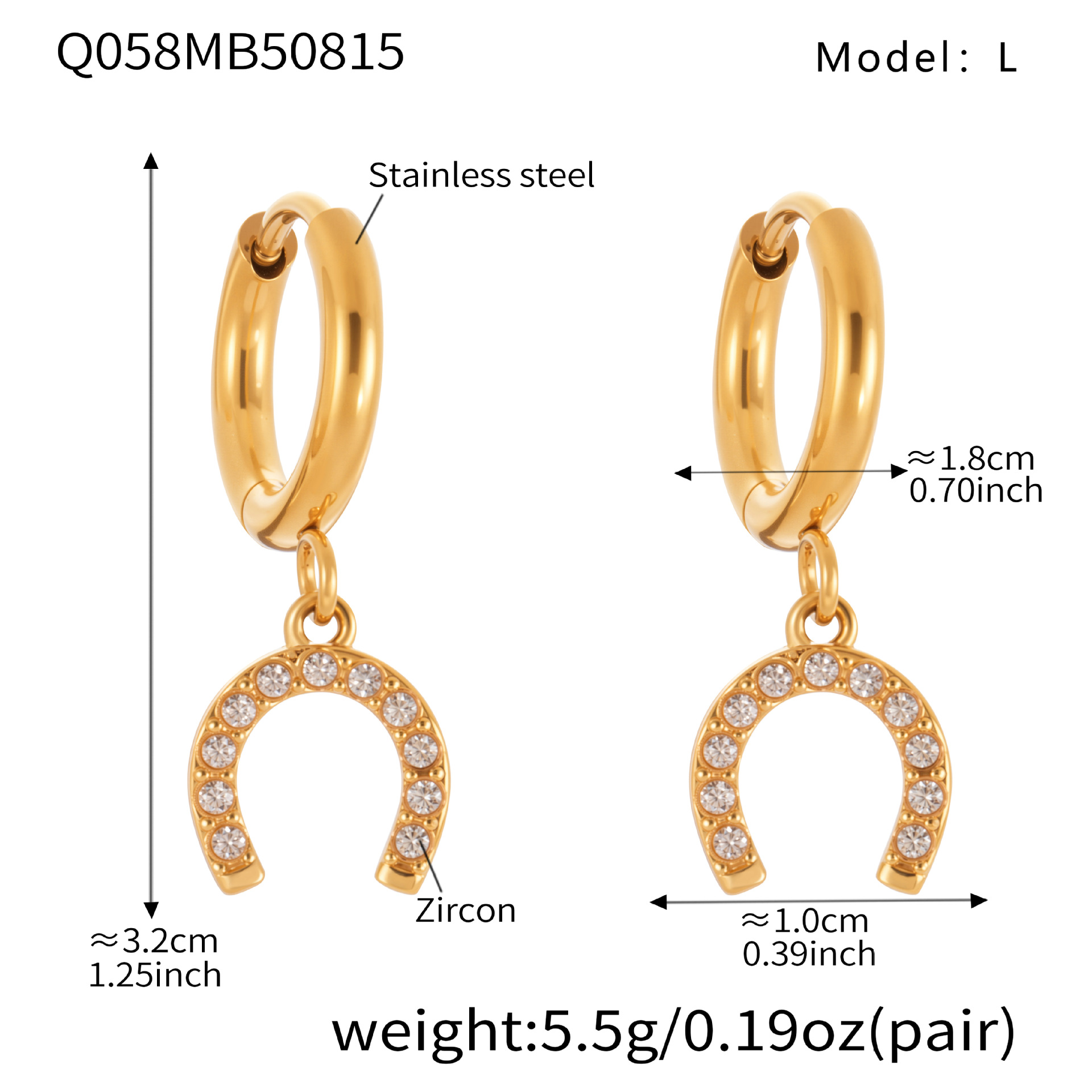 3:Q058- Golden Horseshoe Buckle Zircon Earrings -L