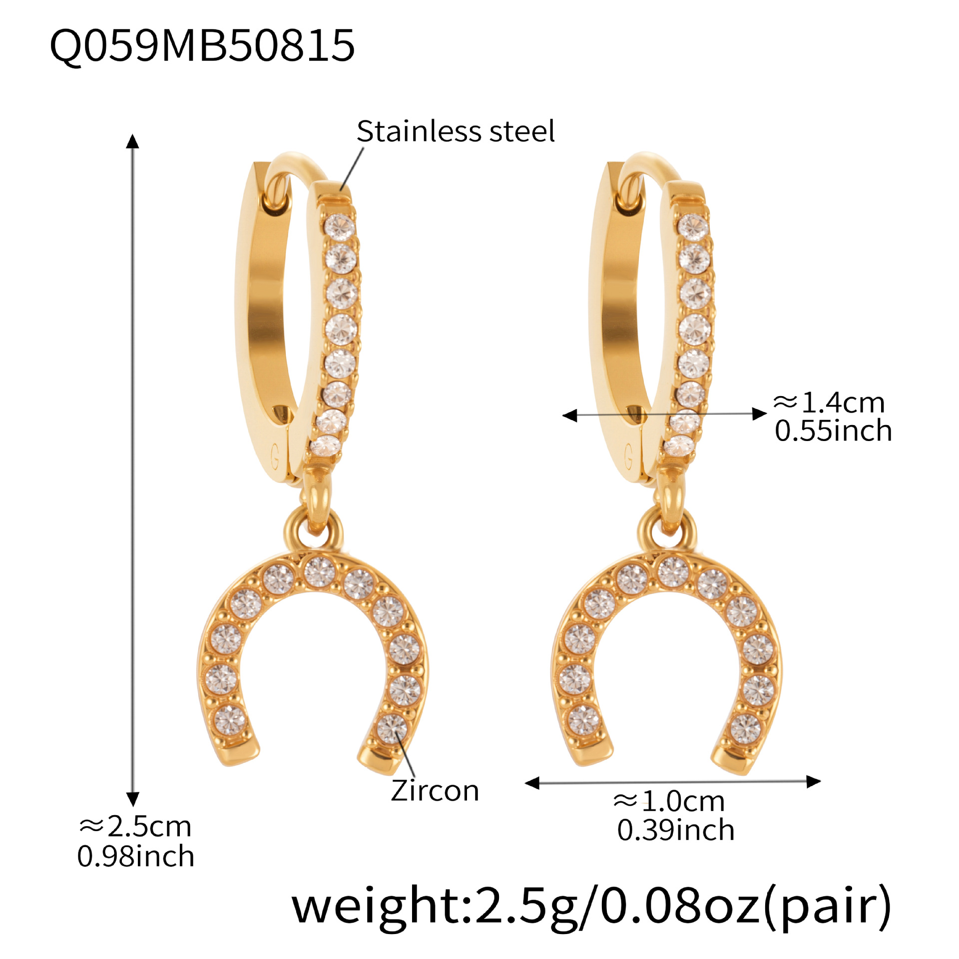 4:Q059- Golden horseshoe-studded zircon earrings