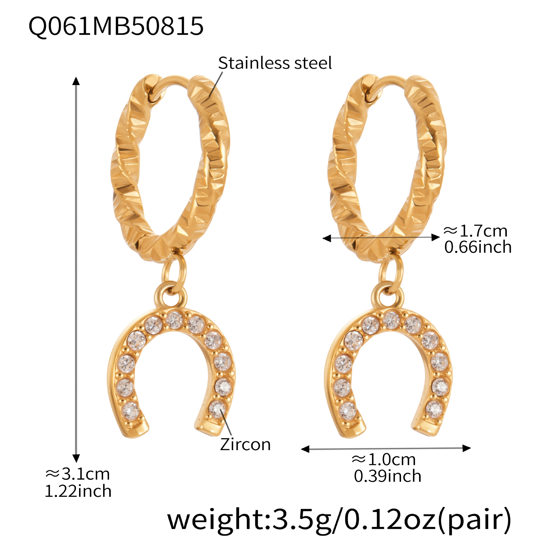 6:Q061- Golden horseshoe-shaped zirconia earrings