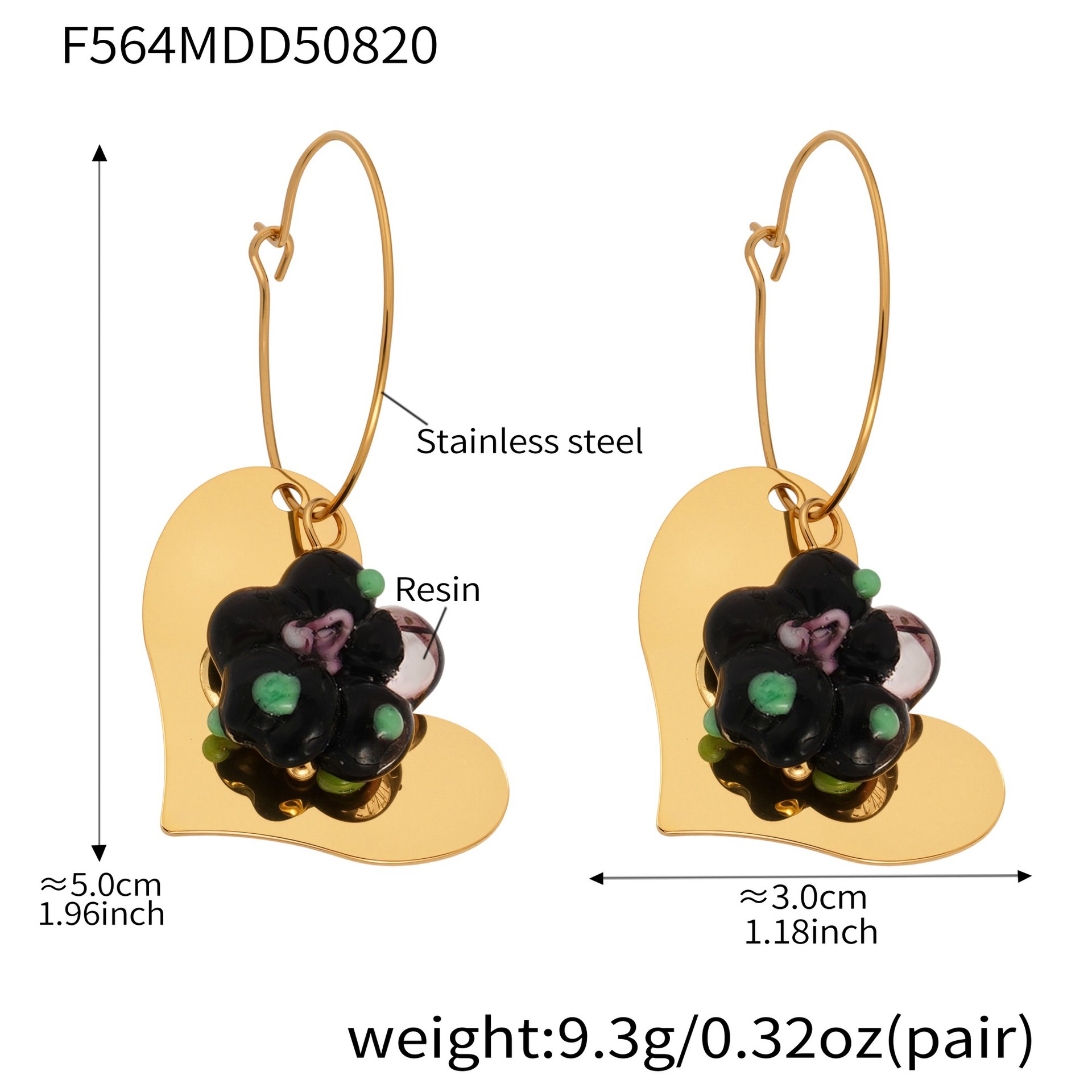 1:Black resin heart-shaped earrings