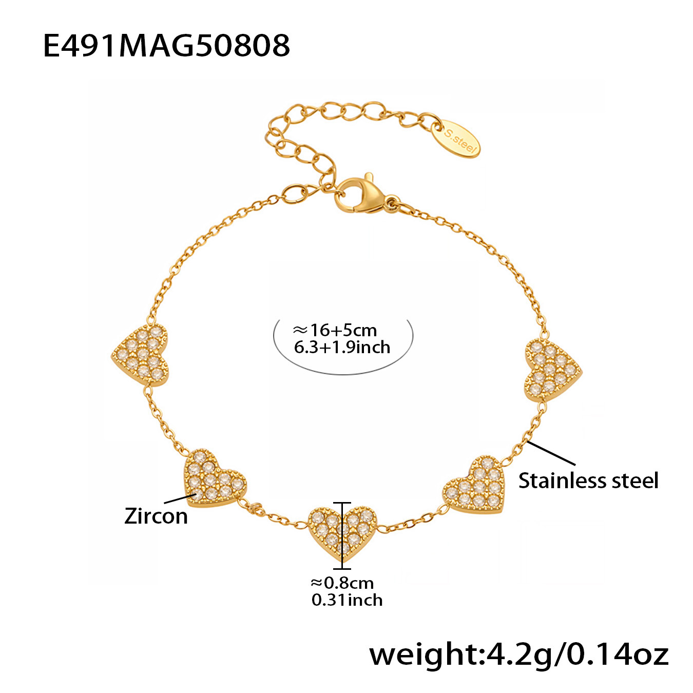 E491- Golden Heart Bracelet, 16+5cm