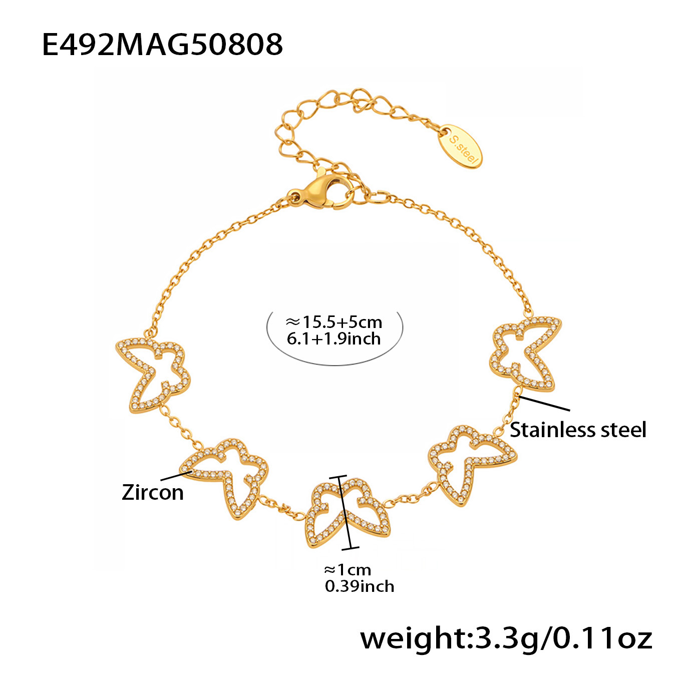 2:E492- Golden Butterfly Bracelet, 15 5cm