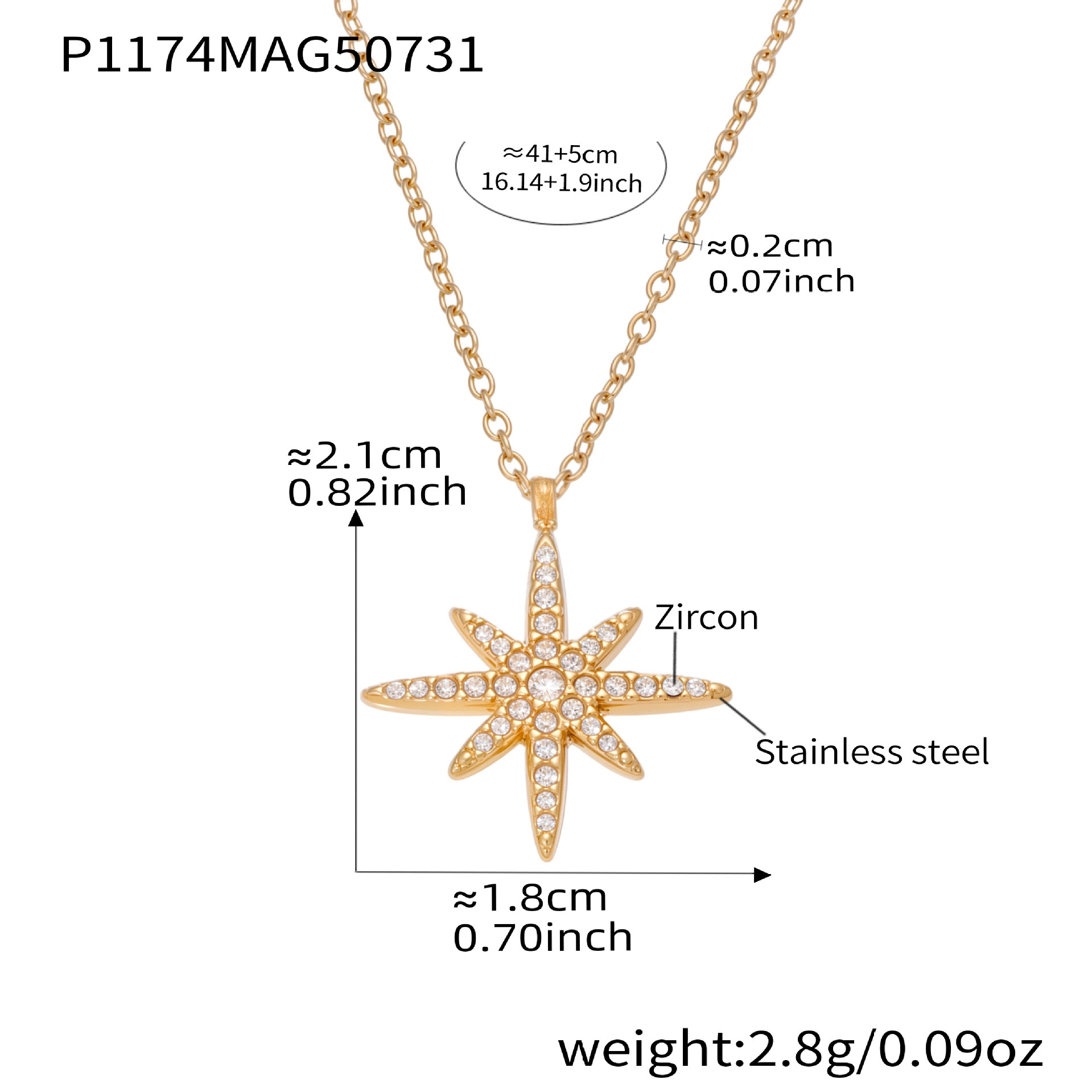 P1174- Golden Eight-pointed Star necklace, 41+5cm