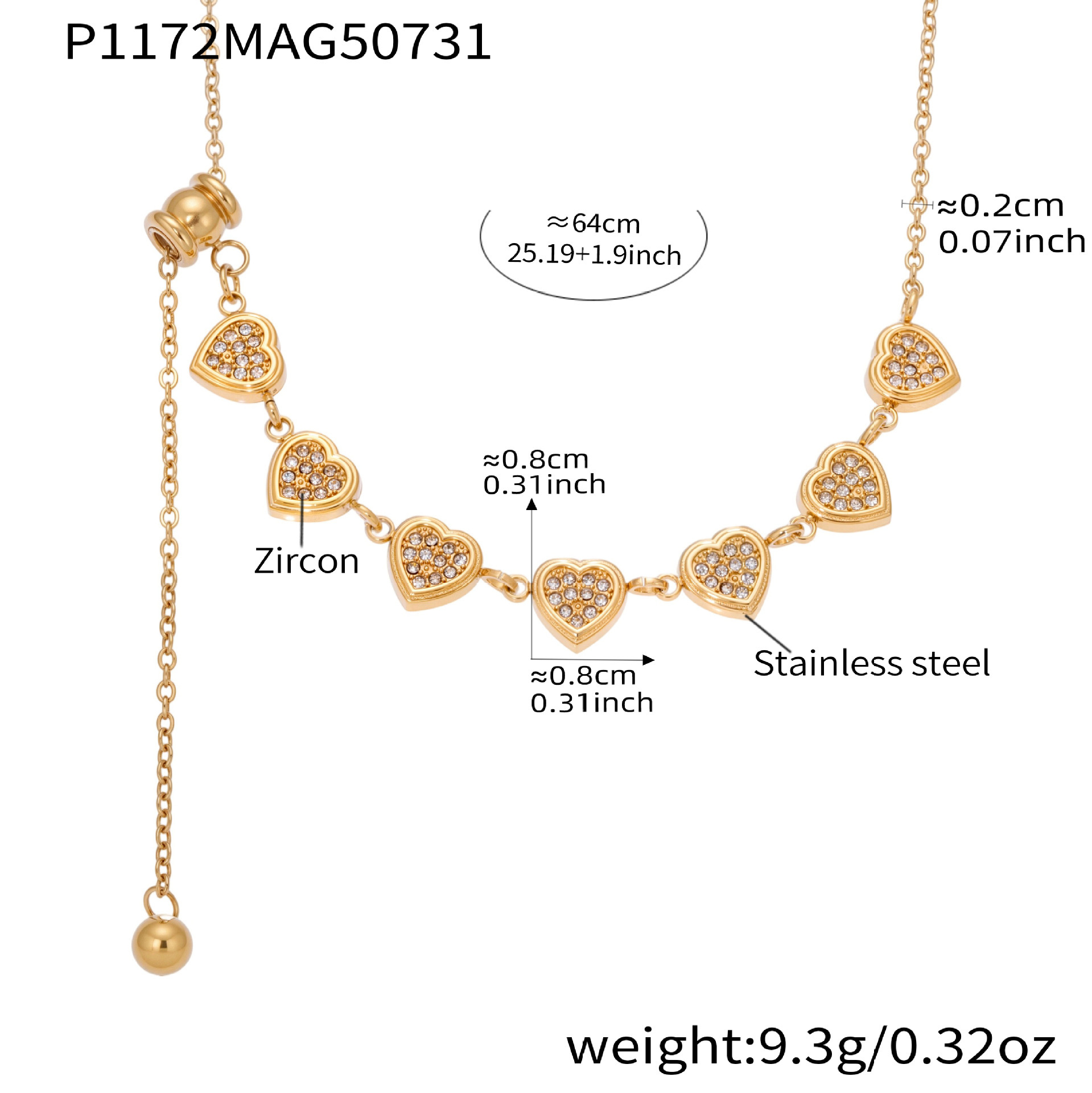P1172- Golden Heart Pull-out Necklace, 64cm