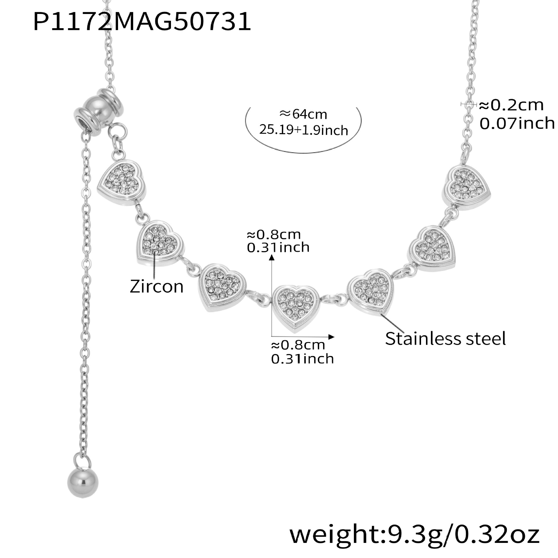 2:P1172- Steel heart-shaped pull-out necklace, 64cm