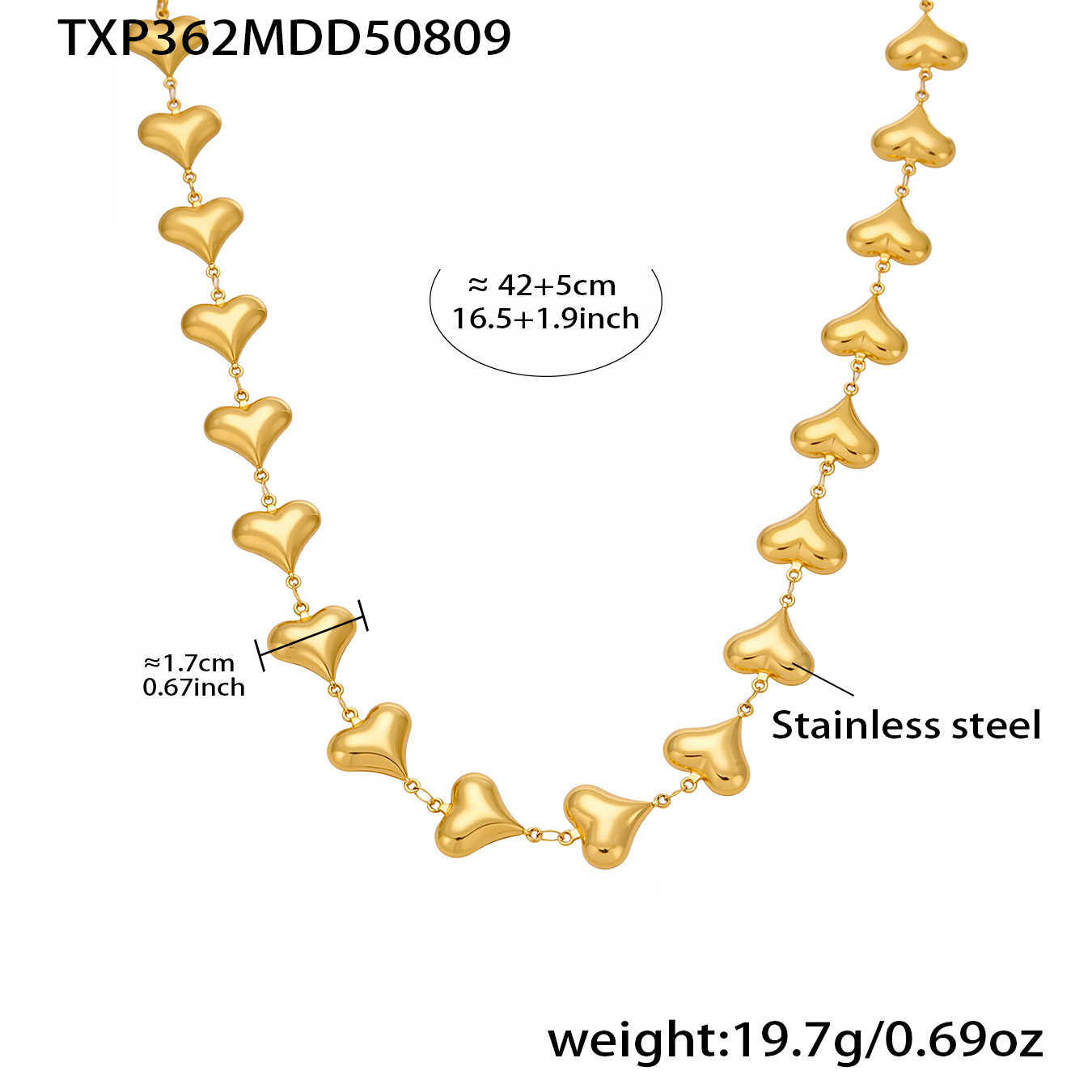 TXP362- Golden Heart Hollow Necklace, 42+5cm