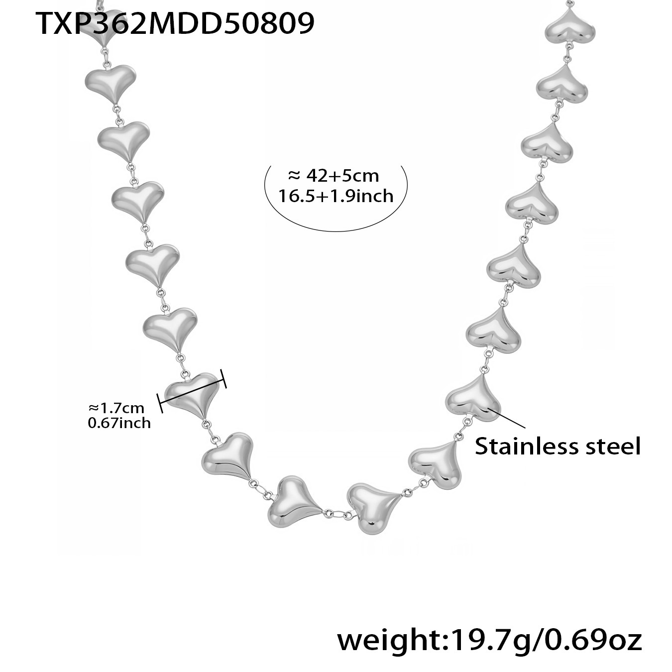 TXP362- Steel heart-shaped Hollow Necklace, 42+5cm