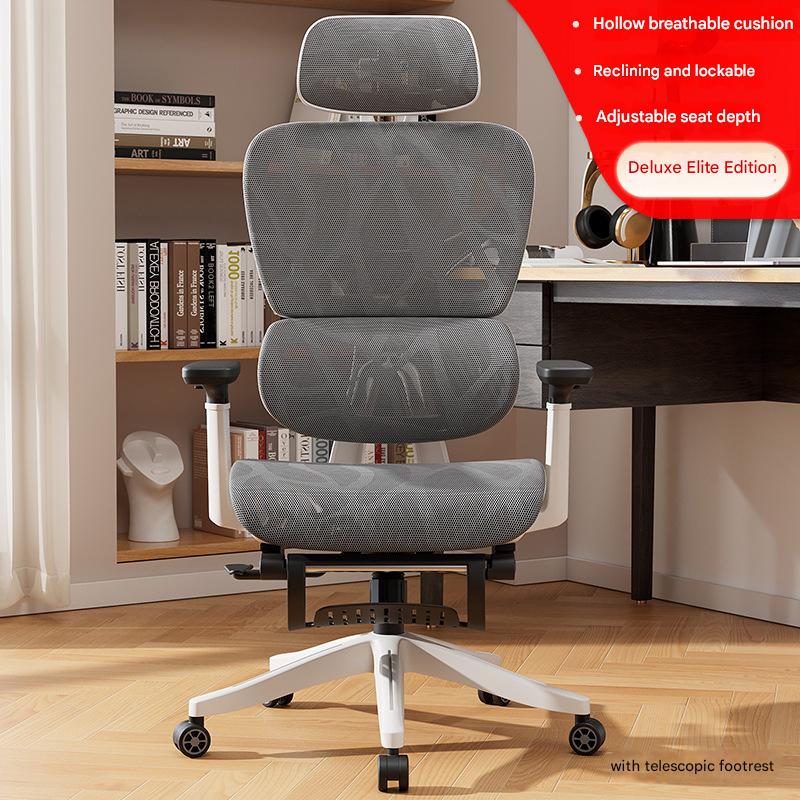 White frame gray mesh can be reclined or locked   seat depth front and rear adjustment   telescopic footrest   3d armrest   hollow special mesh cushion - nylon feet