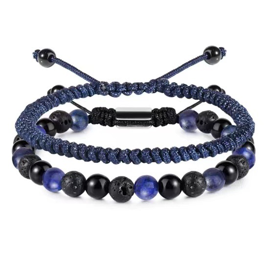 8:Volcanic stone obsidian lapis lazuli dark blue braided bracelet