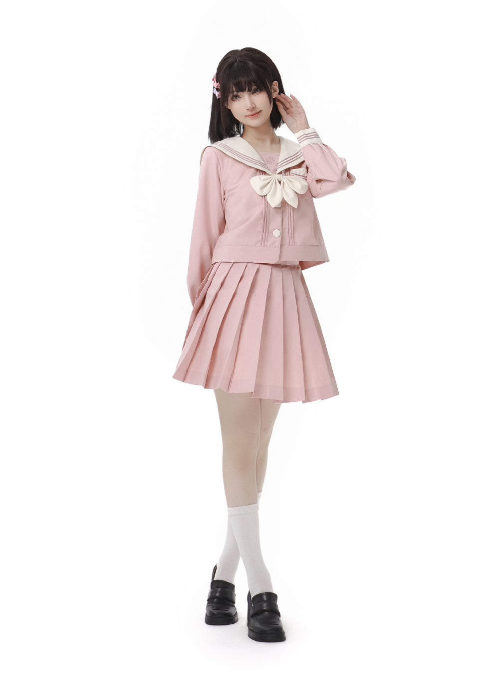 Pink long-sleeved shirt   bow tie  43CM short skirt