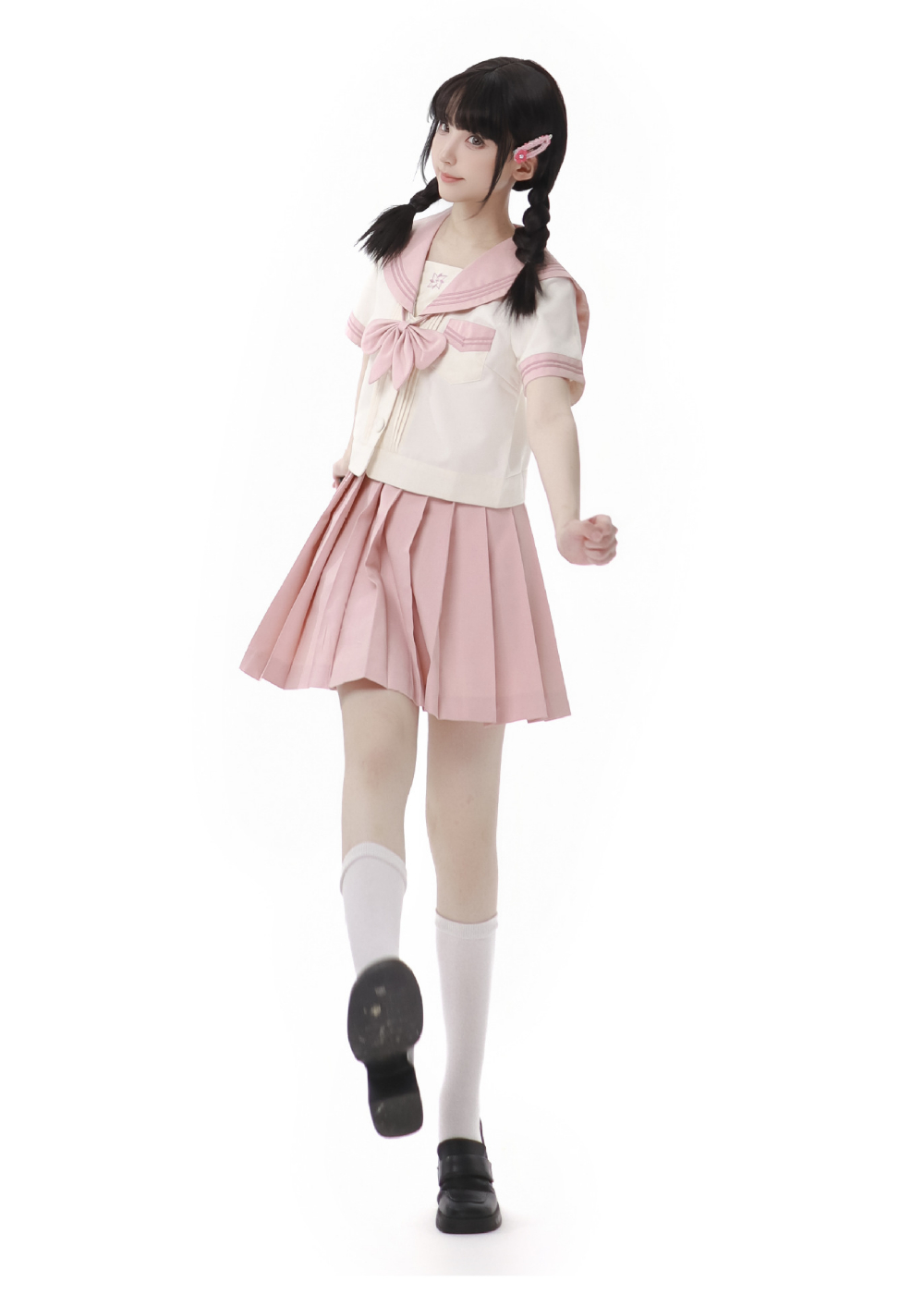 Beige short-sleeved shirt   bow tie  43CM short skirt