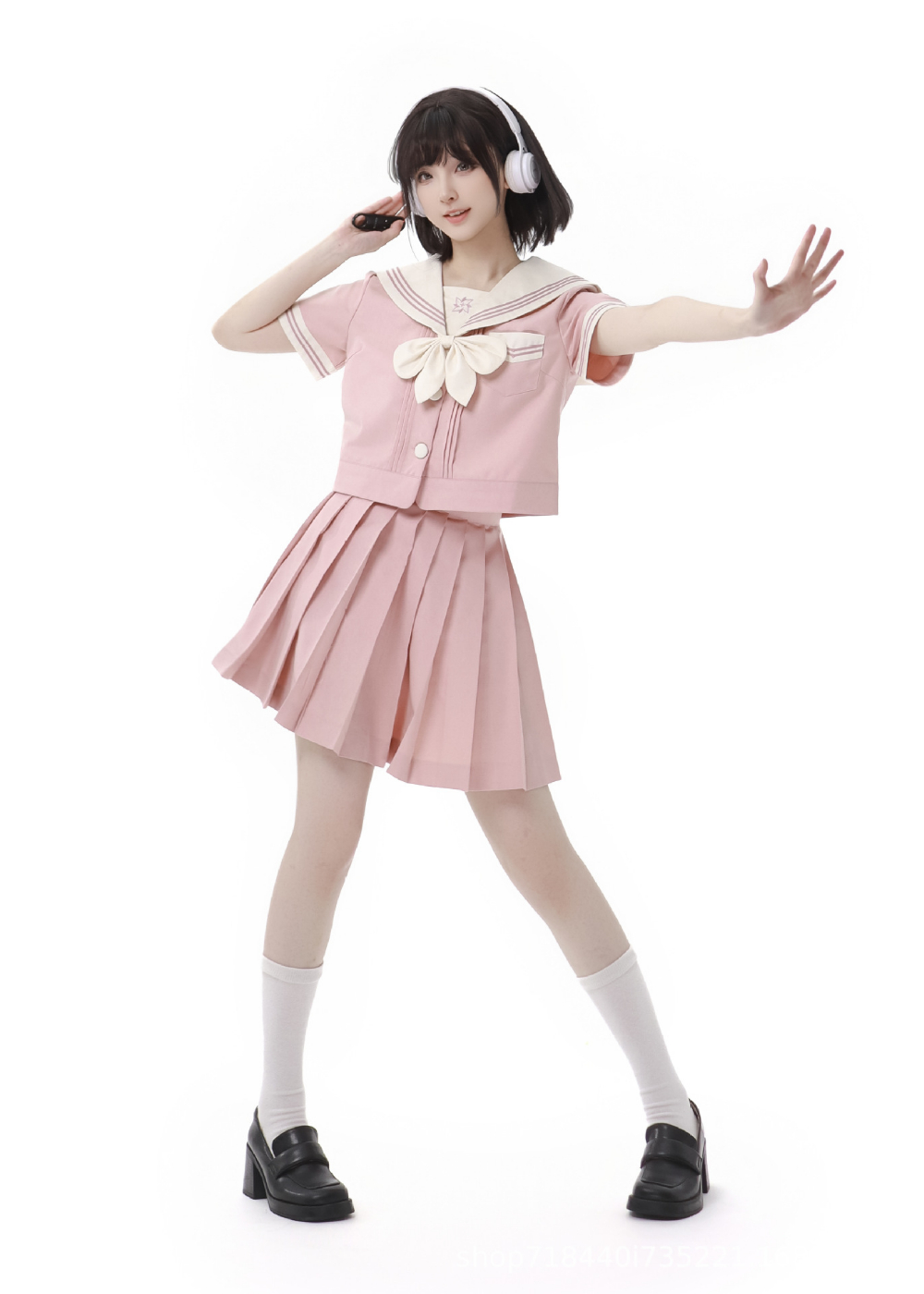 Pink short-sleeved shirt   bow tie  43CM short skirt